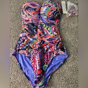 NWT Anne Cole Strapless One Piece Swimsuit Bright Paisley Print Size 6